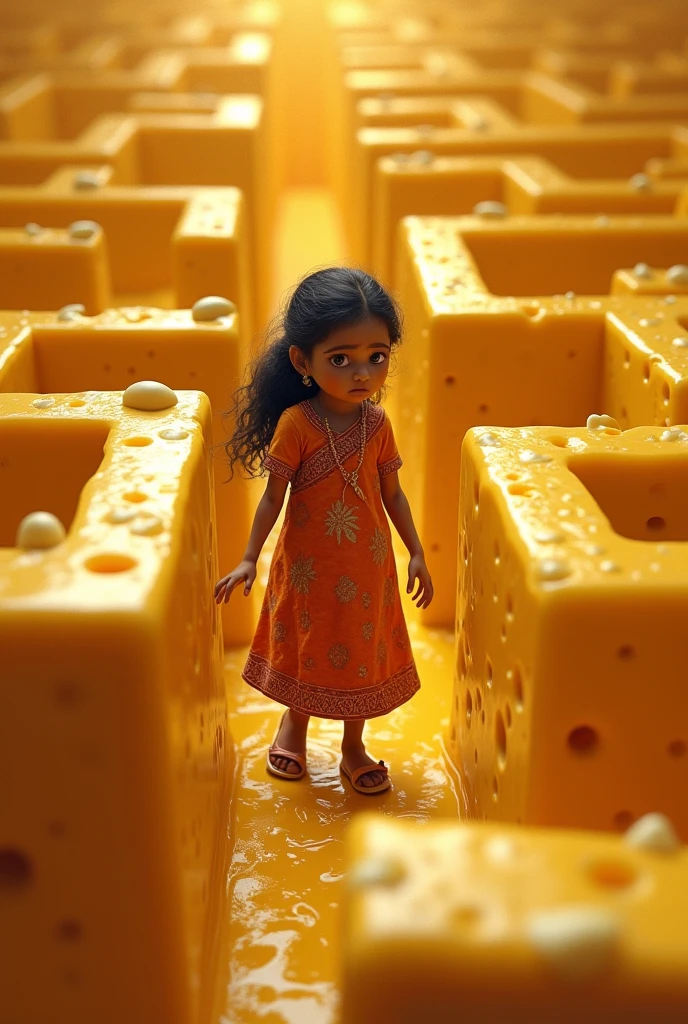 Maie the image of indian girl who in Indian simple dress with in anxious face moving in maze where cheese is present and near all change is needed ,enjoy change, adapting changes sentance written