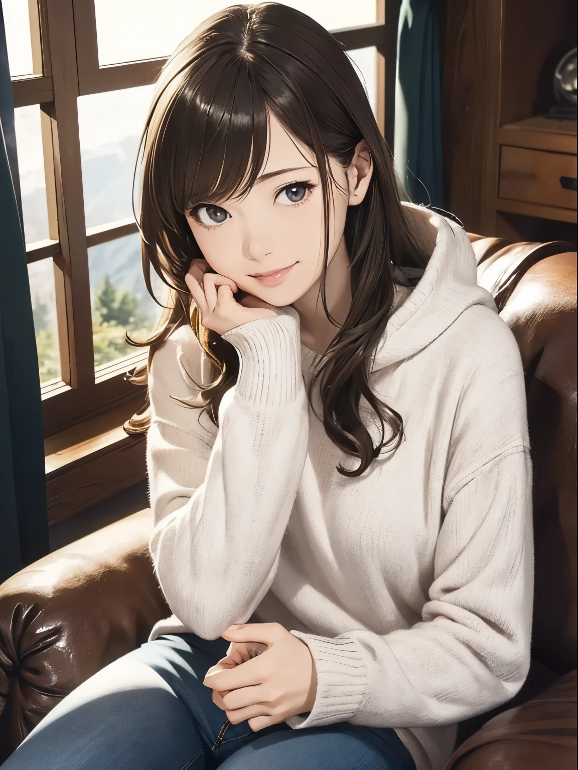 High resolution, 8k, Highest quality, detailed, Semi-realistic anime, Anime 3D Style, Smooth anime CG, One Girl, A 20-year-old Japanese woman, slim, Modeled, Shiny brown hair, detailedな顔, Beautiful and detailed, Glowing Skin, Hard Focus、Film Grain, Soft lighting, Looking at the audience, Laughter, (Woman wearing fleece and jeans), In front of the fireplace in the mountain hut、A warm living room surrounded by wooden furniture