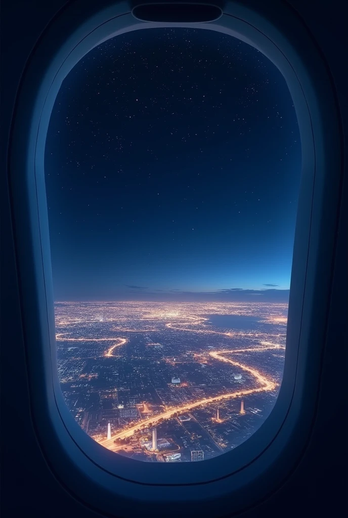 an airplane window showing night sky with buildings shining and glimmering