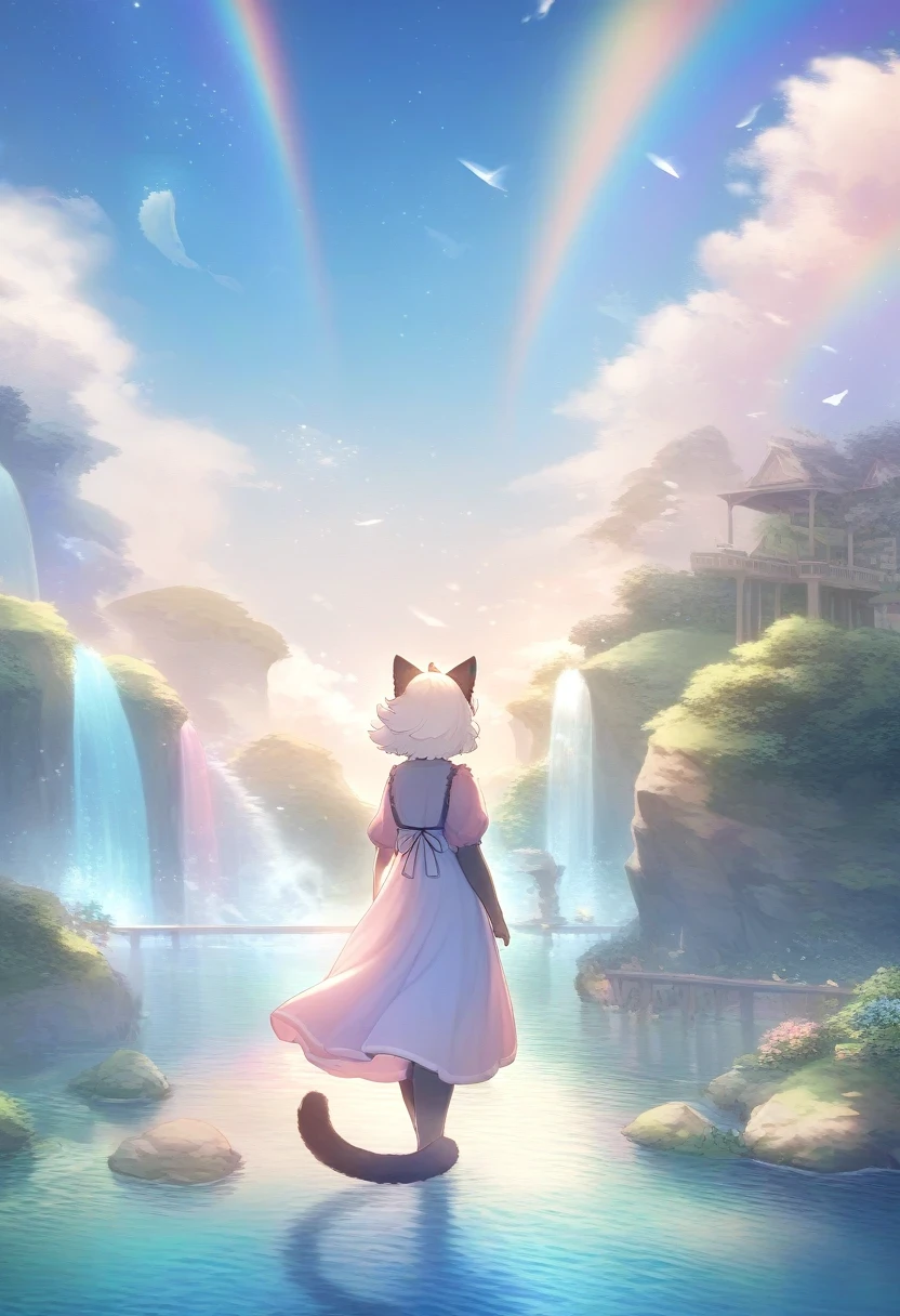((Masterpiece)), ((Best Quality)), (Very Detailed), ((Very Detailed)), 4K, (8K), very aesthetic, absurdres highres, 1 man, (anthropomorphic cat, furry, kemono:1.5), On an island floating in the sky, a fluffy-haired woman wearing a pastel-colored dress is having fun with fluffy animals. Soft light surrounds the entire island, creating a peaceful and calm atmosphere. In the background, there are rainbow-colored waterfalls and floating crystals, and the sky is filled with stars.