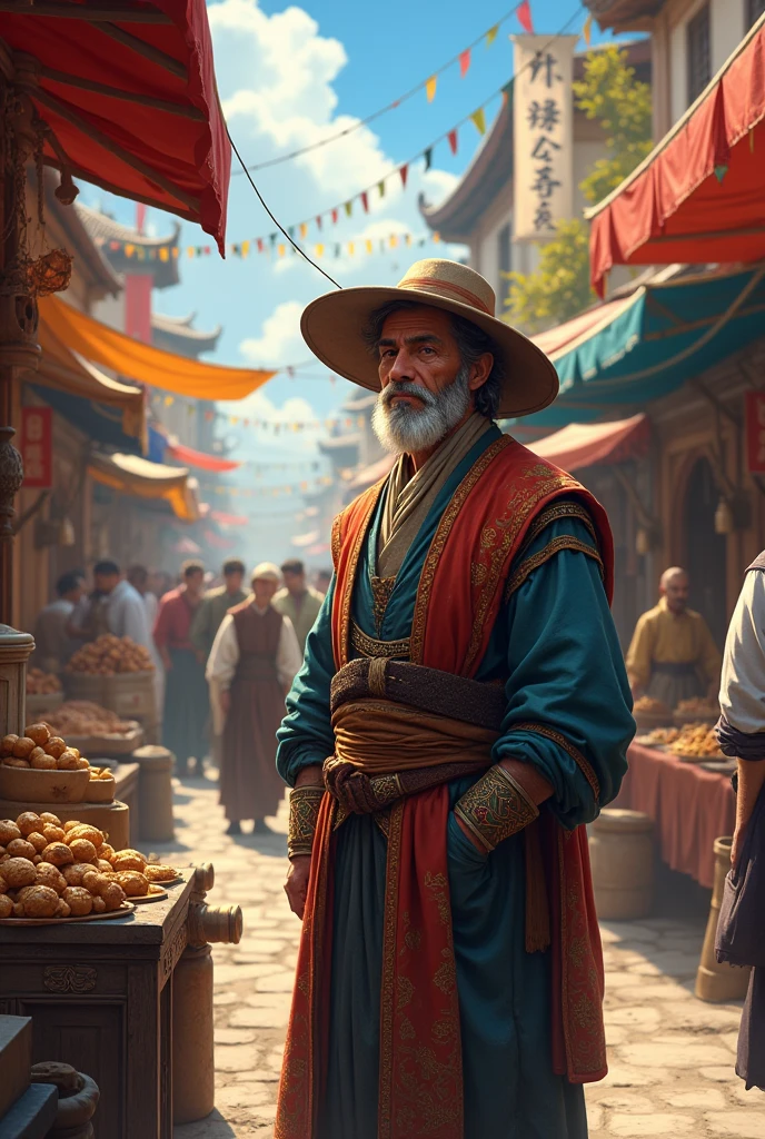 anime character merchant man in medieval era in marketplace