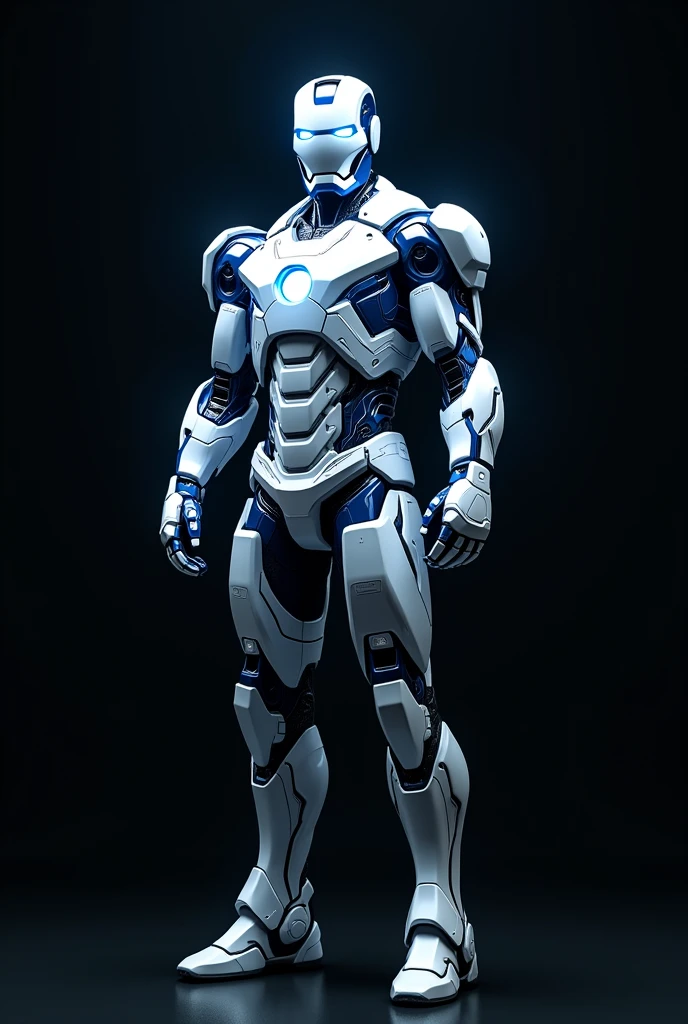Create a iron man suit in a white
and blue and the full black background