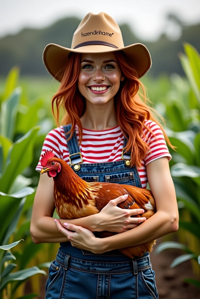 A red headed woman, around 21-2, just graduated in Agricultural engineering. She where's an overall with a t-shirt with red stripes on, she has a cowboy hat on with "fazendinha.me" logo on. She is holding a chicken, while she is standing up in a crop. She is Thin, she has dark eyes, and she is smiling. She is a latin young woman.
