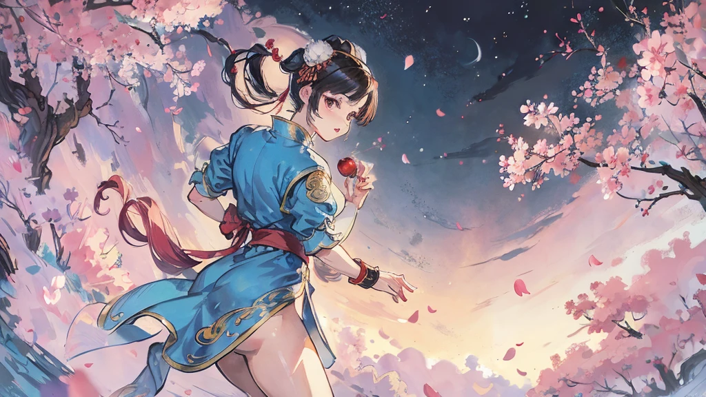 Street Fighter Chun-Li　anime　Cherry Blossoms at Night　Looking Back　moon　China dress　human　1 person