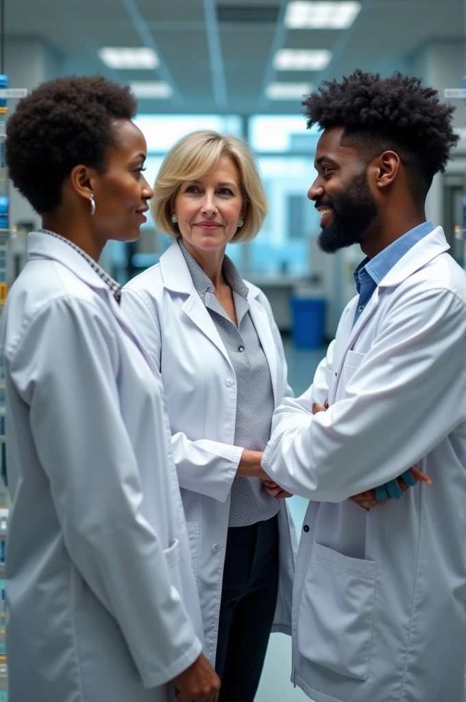 Three people are in the lab standing, all are wearing lab coats. One of them is early 60s woman, blonde short size hair and she is the auditor, holding some documents. One auditee is at early 30s man handsome with dark hair, beard and blue eyes, other auditte is middle early 40s woman with mid sized dark curly hair, hair not binded, she is from europe without African roots. All three's faces are visible and look real people from pictures. They are in a company called Novonesis. They are talking to each other not looking at the camera
