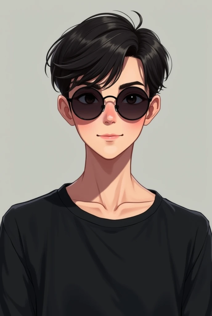 A teenager handsome and cute boy in black t-shirt with fine sunglasses only half photo