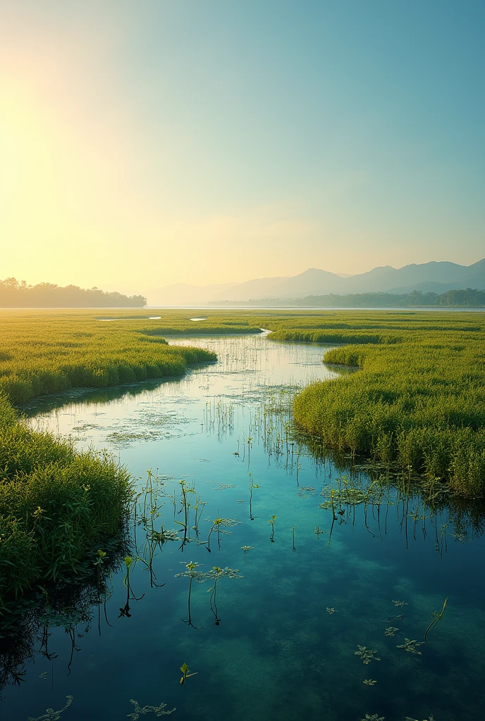 MARSH ECOSYSTEM WITH BLUE CARBON, without animals, FROM A BAY IN EL SALVADOR, without mountains, THAT IN THE DISTANCE YOU CAN SEE A MANGROVE, make it look realistic, With sunshine, WITH LITTLE WATER