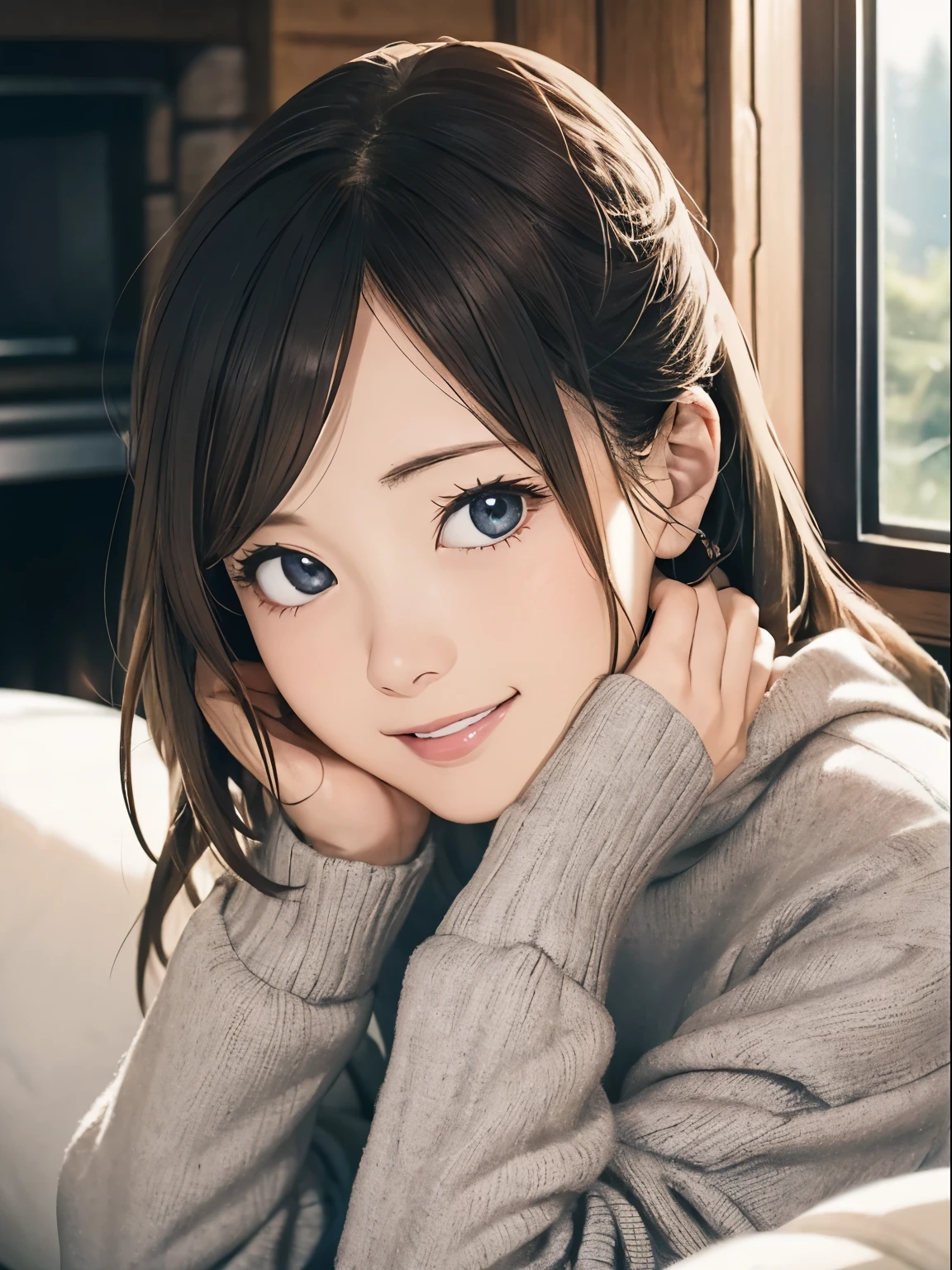 High resolution, 8k, Highest quality, detailed, Semi-realistic anime, Anime 3D Style, Smooth anime CG, One Girl, A 20-year-old Japanese woman, slim, Modeled, Shiny brown hair, detailedな顔, Beautiful and detailed, Glowing Skin, Hard Focus、Film Grain, Soft lighting, Looking at the audience, Laughter, (Woman wearing fleece and jeans), In front of the fireplace in the mountain hut、A warm living room surrounded by wooden furniture