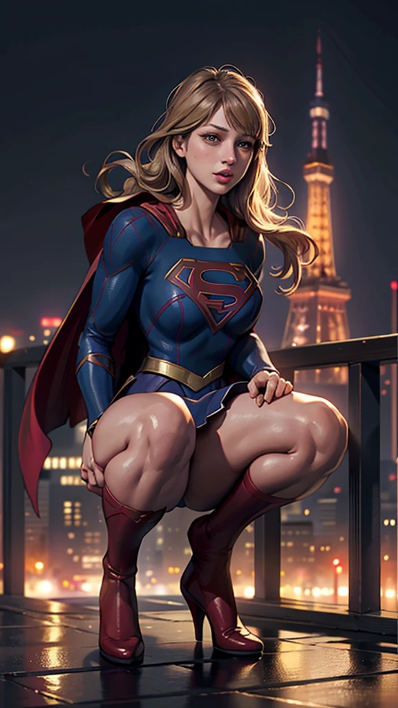 ((Highest quality)), ((masterpiece)), (Familiar), (High resolution), (Realistic), (Realistic), (Best Shadow), Low contrast, (Complex:1.4), Side lighting, 8k, ((Melissa Benoist)), ((Supergirl)), Perfect Face、detailed、(Accurate hand and finger depiction)、Supergirl女性、blonde、Voluptuous body、Big Breasts、Tight waist、Big Ass、Fascinating、glamorous、((Squat with your legs apart))、Tokyo Tower、Night view