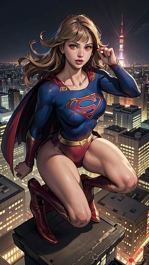 ((Highest quality)), ((masterpiece)), (Familiar), (High resolution), (Realistic), (Realistic), (Best Shadow), Low contrast, (Complex:1.4), Side lighting, 8k, ((Melissa Benoist)), ((Supergirl)), Perfect Face、detailed、(Accurate hand and finger depiction)、Supergirl女性、blonde、Voluptuous body、Big Breasts、Tight waist、Big Ass、Fascinating、glamorous、((Squat with your legs apart))、Tokyo Tower、Night view