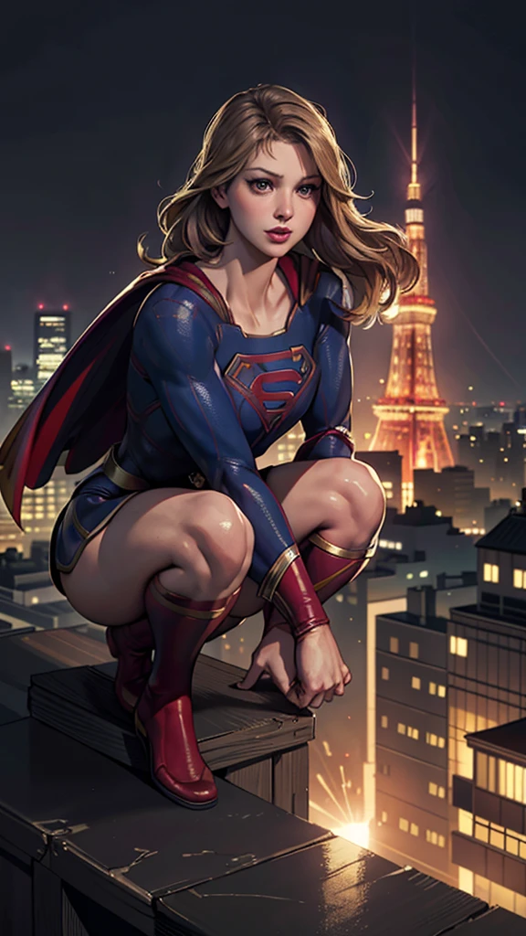 ((Highest quality)), ((masterpiece)), (Familiar), (High resolution), (Realistic), (Realistic), (Best Shadow), Low contrast, (Complex:1.4), Side lighting, 8k, ((Melissa Benoist)), ((Supergirl)), Perfect Face、detailed、(Accurate hand and finger depiction)、Supergirl女性、blonde、Voluptuous body、Big Breasts、Tight waist、Big Ass、Fascinating、glamorous、((Squat with your legs apart))、Tokyo Tower、Night view