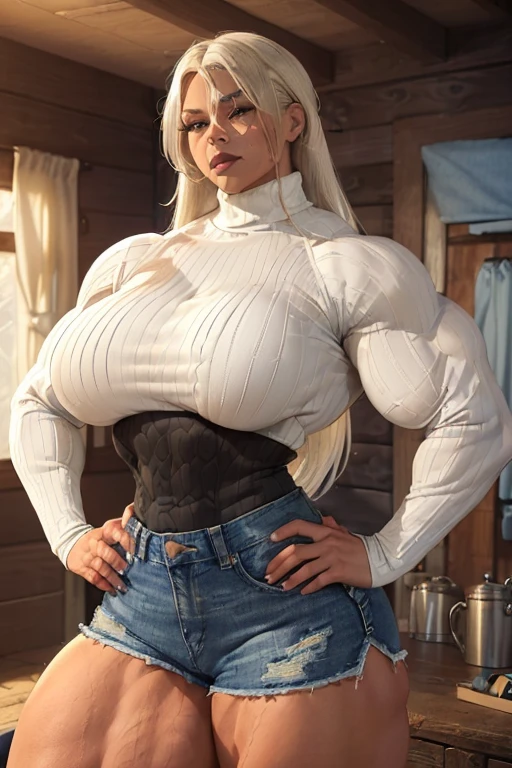 (((((Massive beautiful, buff, light brown skinned muscular woman white hair, black lipstick, ginormous bulky muscles, hands on hips and wearing a white long sleeved turtleneck sweater and beautiful denim shorts))))), (close view), massive muscles, massive biceps, hyper muscle shoulders, vascular shoulders, hyper muscle triceps, (long straight hair), blue eyes, ((white long sleeved turtleneck sweater)), ((beautiful denim shorts)), (socks and sneakers), sensual smile, (in a cabin at night), hyper muscles arms, hyper muscle legs, massive arms