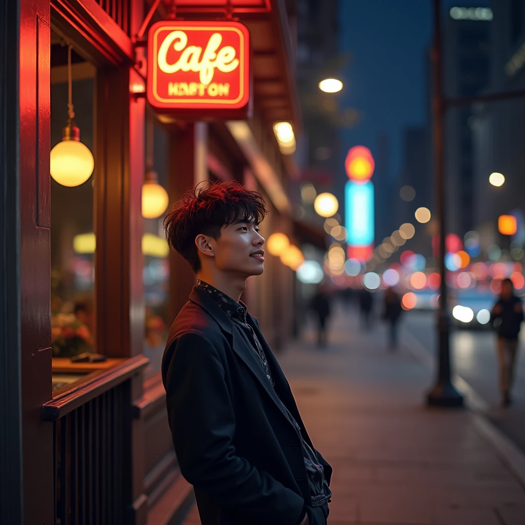 A young man shorty black messy haircut, standing while lean back on the wall building outdoor the cafe on the new york city, at night, natural, sweetly smile, lighting pole lamps, starlight, fashion style, colorful neon lights lamps, real hyper realistic, real human jepang, UHD 8k, detailed photo, perfect face, detailed places, landscape, full body, photo was taken from a distance on stone land sidewalk the new york city