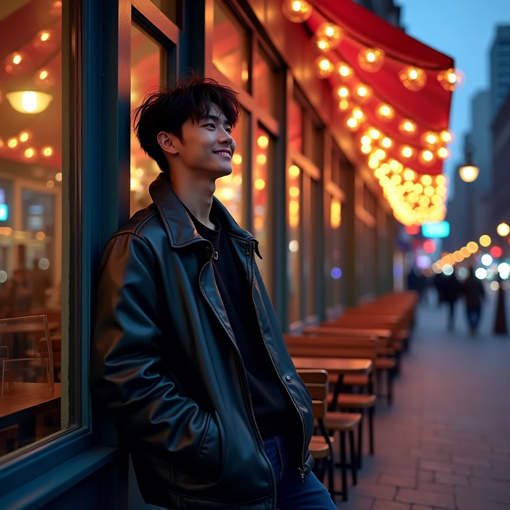 A young man shorty black messy haircut, standing while lean back on the wall building outdoor the cafe on the new york city, at night, natural, sweetly smile, lighting pole lamps, starlight, fashion style, colorful neon lights lamps, real hyper realistic, real human jepang, UHD 8k, detailed photo, perfect face, detailed places, landscape, full body, photo was taken from a distance on stone land sidewalk the new york city