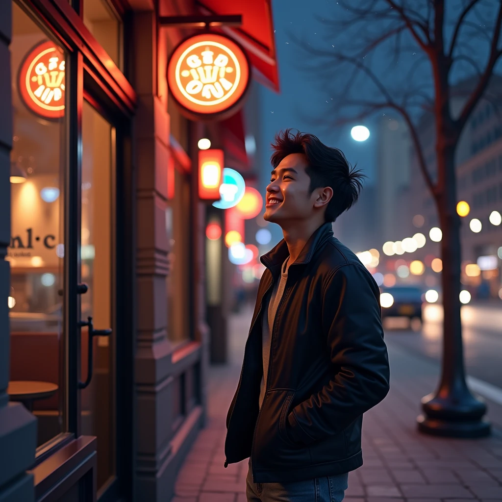 A young man shorty black messy haircut, standing while lean back on the wall building outdoor the cafe on the new york city, at night, natural, sweetly smile, lighting pole lamps, starlight, fashion style, colorful neon lights lamps, real hyper realistic, real human jepang, UHD 8k, detailed photo, perfect face, detailed places, landscape, full body, photo was taken from a distance on stone land sidewalk the new york city