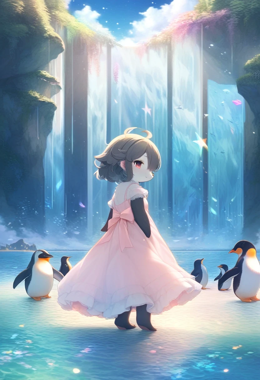 ((Masterpiece)), ((Best Quality)), (Very Detailed), ((Very Detailed)), 4K, (8K), very aesthetic, absurdres highres, 1 man, (anthropomorphic penguin, furry, kemono:1.5), On an island floating in the sky, a fluffy-haired woman wearing a pastel-colored dress is having fun with fluffy animals. Soft light surrounds the entire island, creating a peaceful and calm atmosphere. In the background, there are rainbow-colored waterfalls and floating crystals, and the sky is filled with stars.


