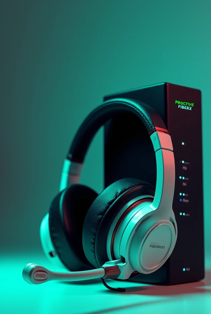 Create an image of a technical support headset and an internet ont, below written in bold text Proactive FiberX in black and green 