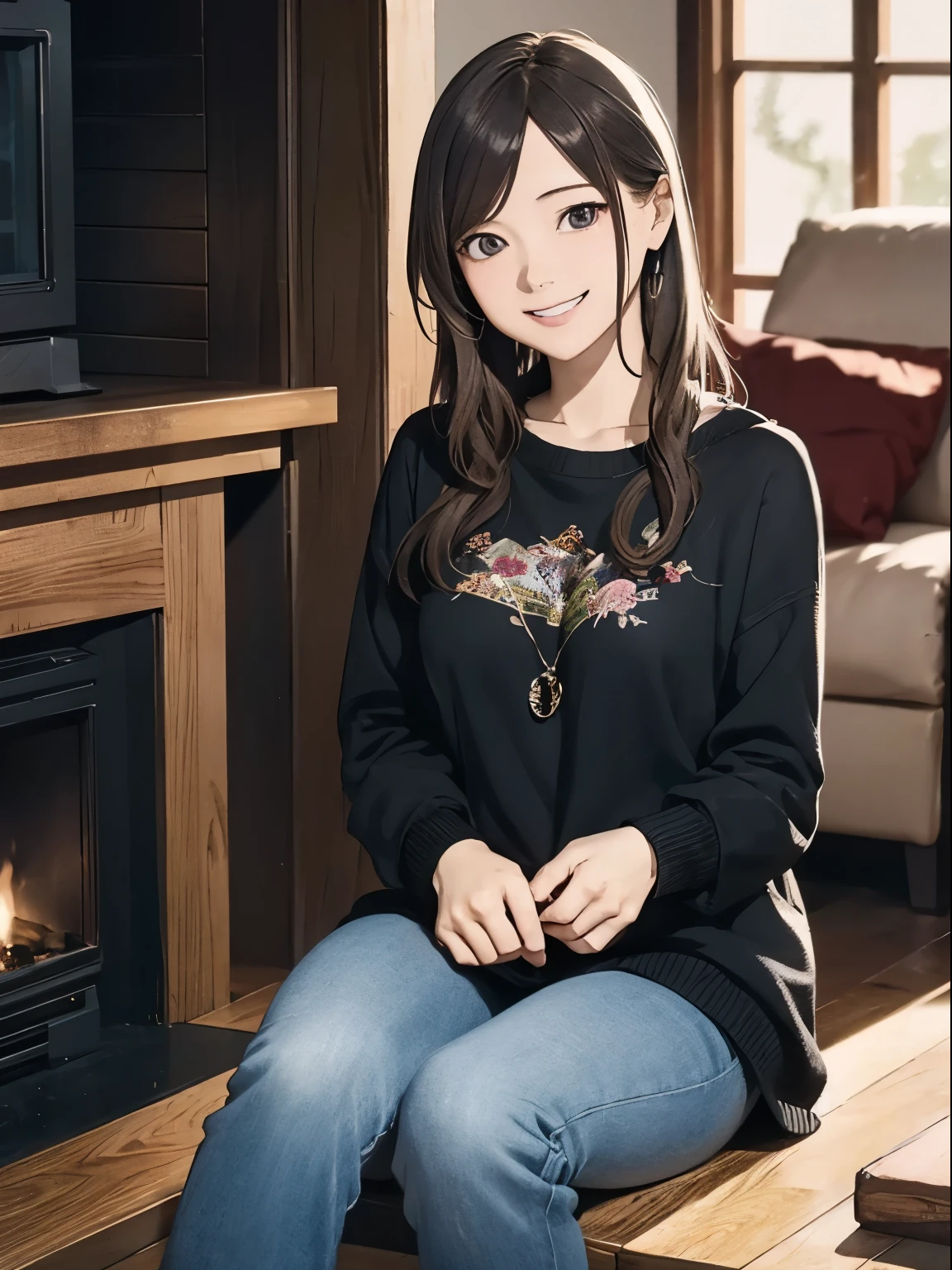 High resolution, 8k, Highest quality, detailed, Semi-realistic anime, Anime 3D Style, Smooth anime CG, One Girl, A 20-year-old Japanese woman, slim, Modeled, Shiny brown hair, detailedな顔, Beautiful and detailed, Glowing Skin, Hard Focus、Film Grain, Soft lighting, Looking at the audience, Laughter, (Woman wearing fleece and jeans), In front of the fireplace in the mountain hut、A warm living room surrounded by wooden furniture