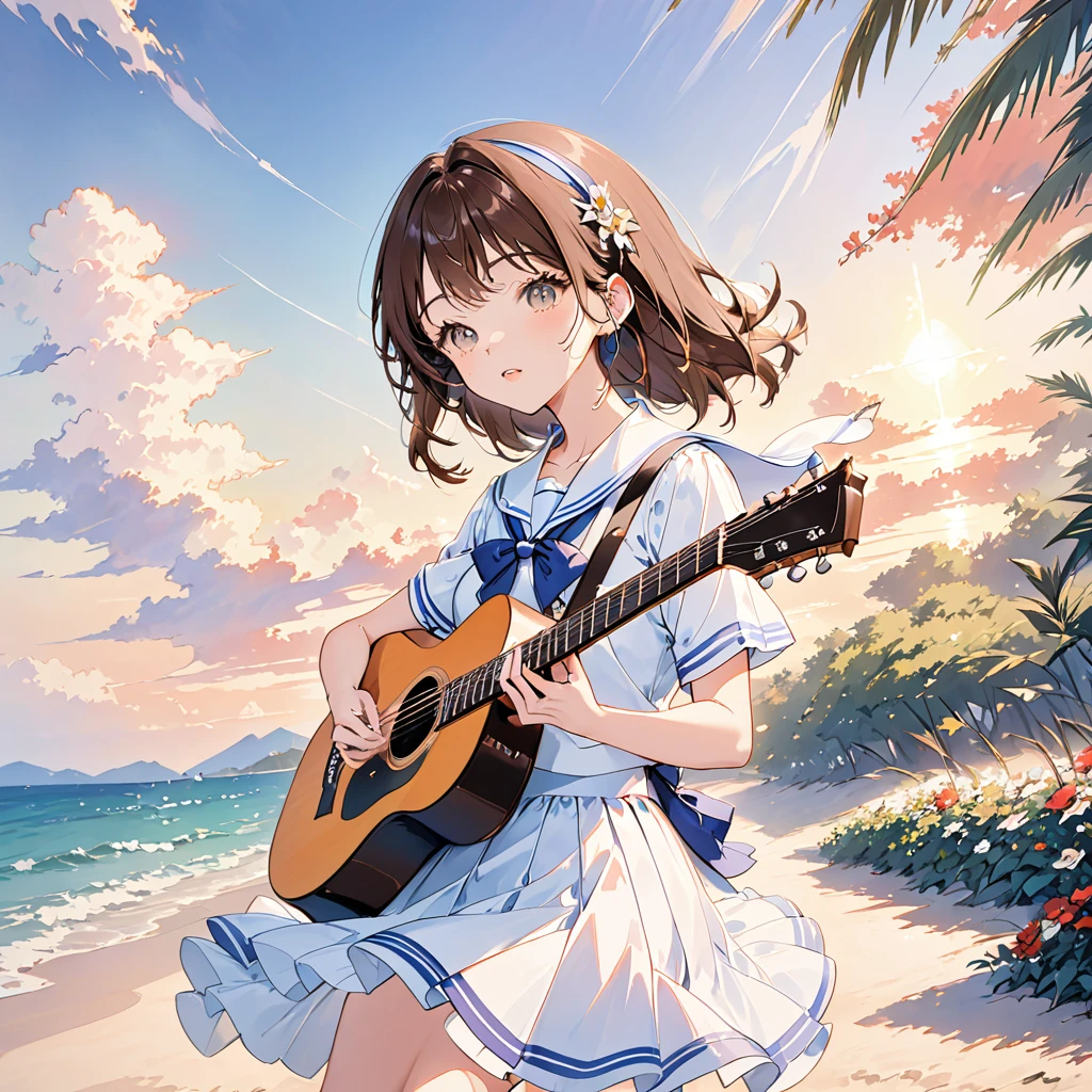 Girl wearing headphones,Brown Hair,1 person,Detailed Background,(sailor uniform:1.2)(play the guitar.sing a song.:1.3)(Summer evening、Beautiful sunset)(beach、Ripple)(dynamic angle:1.4)