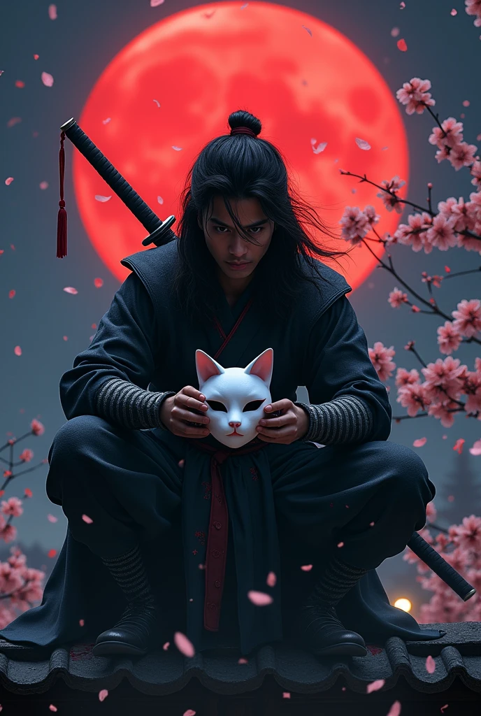 The action of a 30 year old Indonesian man, long black hair, sitting squatting on the edge of the roof of a Japanese house, holding a white cat-shaped mask, wearing a ninja costume, there is a blood stain effect on the costume. wearing iron armor complete with a large rope tied around his waist, long black trousers and tabi, there is a samurai sword placed on his back. his gaze is very sharp, the night atmosphere with the background of a large, bright red full moon adds to the drama of his narrative. atmosphere, flowers and cherry trees at night, hair blowing in the wind, cold, realistic details of a cold night scene realistic details of a cold night scene in a Japanese city