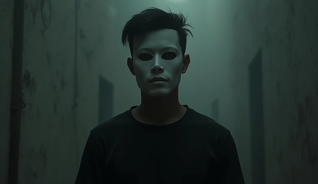 A Indian men wearing mask on the face because he didn't wants to revile own face and he also wear black t-shirt. Short mask use and image some jome. The men is young and his colour is Indian white. Image is some horror and he wearing short mask on the face. 