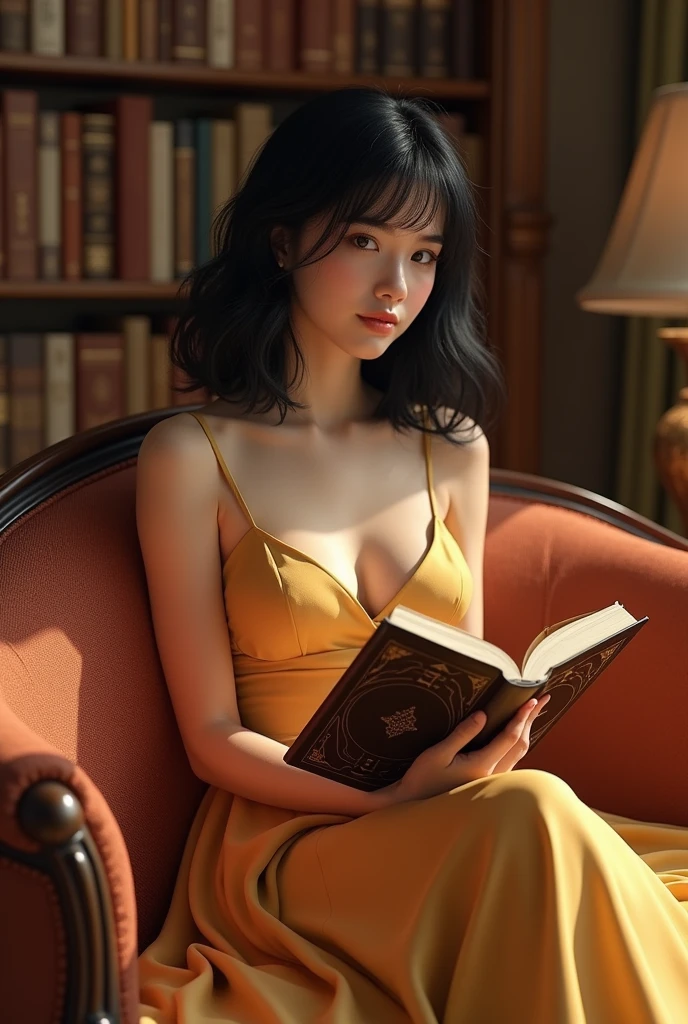 A age daughter, black hair, shoulder length, black eyes, height 157 cm, spanish guitar body (body goals), sweet smile, light pink lips, fair skin, sitting on the sofa gracefully while reading a book in the library, wearing a beautiful and elegant dress, golden color