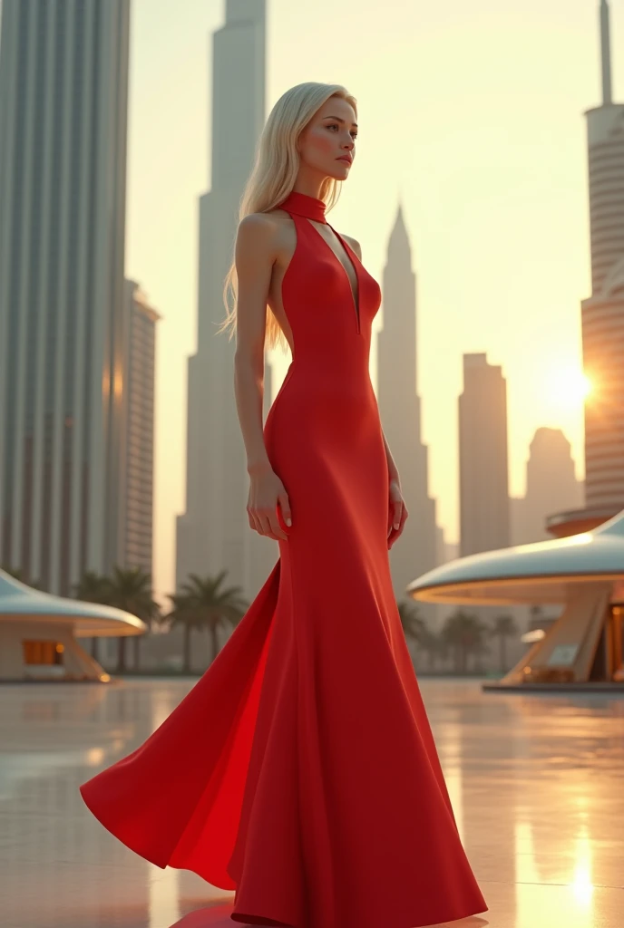 Créer une image d'une femme blonde avec des traits distincts d'une intelligence artificielle, portant une robe rouge élégante et des talons hauts. Elle se tient dans un cadre moderne à Dubaï, entourée de l'architecture emblématique de la ville, comme le Burj Khalifa et d'autres gratte-ciel en arrière-plan. Le ciel est clair et lumineux, et la lumière du soleil illumine la scène, mettant en valeur la couleur vive de sa robe. La femme a une posture confiante et gracieuse, avec un léger sourire, regardant l'horizon avec détermination, incarnant à la fois l'élégance et l'innovation