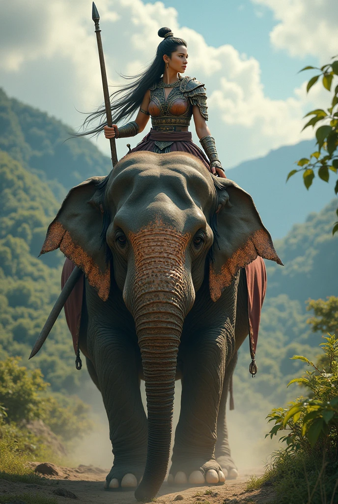an asian female worrier riding on the head of an elephant during 16th century ( the first image you showed me as i entered this website and write some prompts)