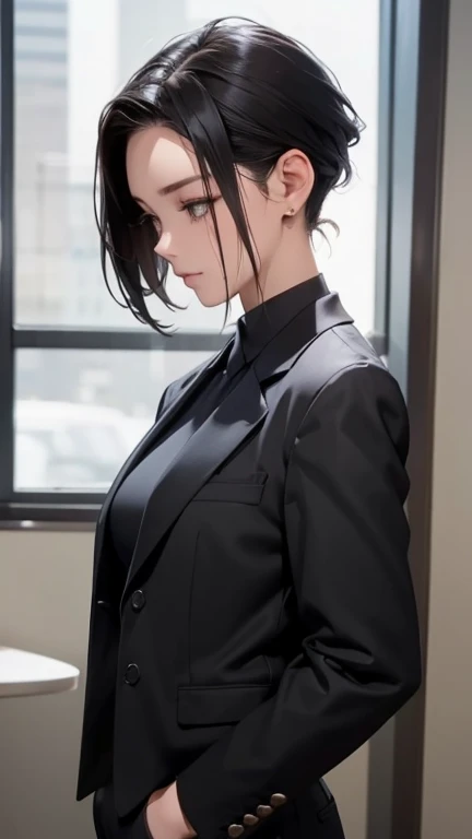 nude、Cool woman,sharp,Swept back hairstyle,The forehead is visible,Married women,whole body, slender、Black Hair,、Short Hair、In a suit、pants、Take off your jacket
