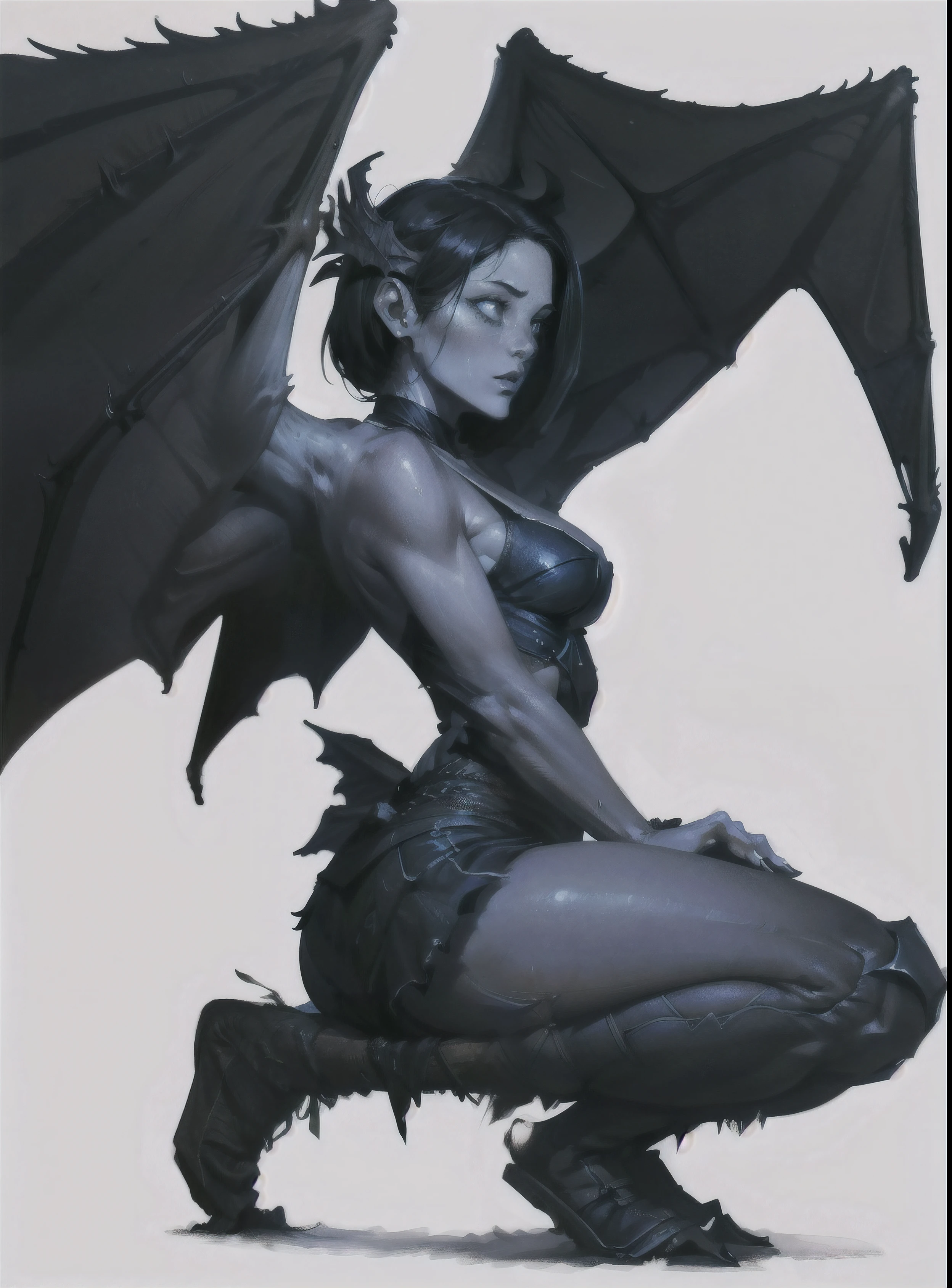 I would like a herald on a white background, with black shadows enveloping your entire body, and a girl squatting with bat wings on her back. two wings on his back and a black cloth on his face, front character, and sensual