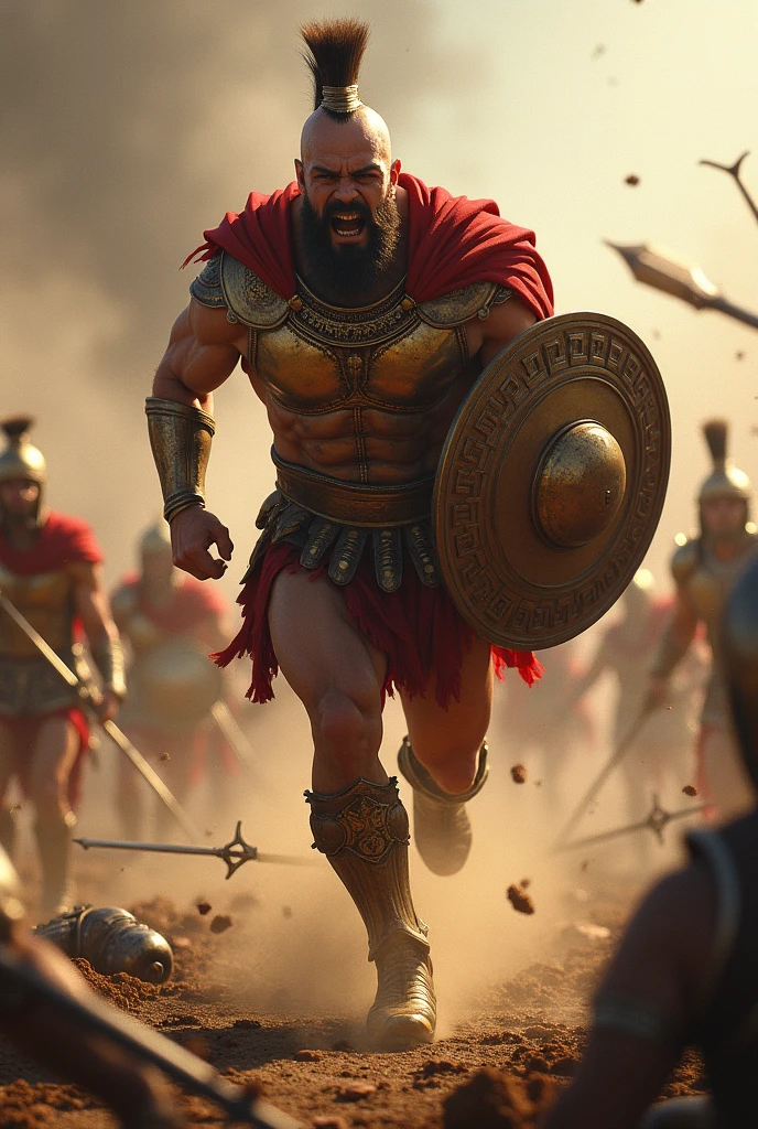 Greek god Ares running leaving his army from the battle