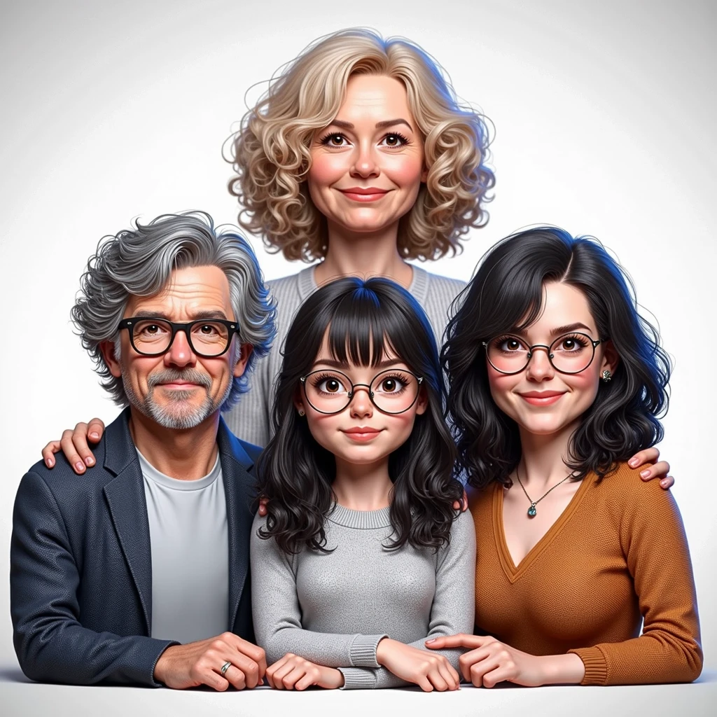 3D realistic caricature drawing.
The family consists of:
A 50-year-old father with very short hair.
A 4 chubby mother with brown hair.
Two age girls, with long black hair and glasses.