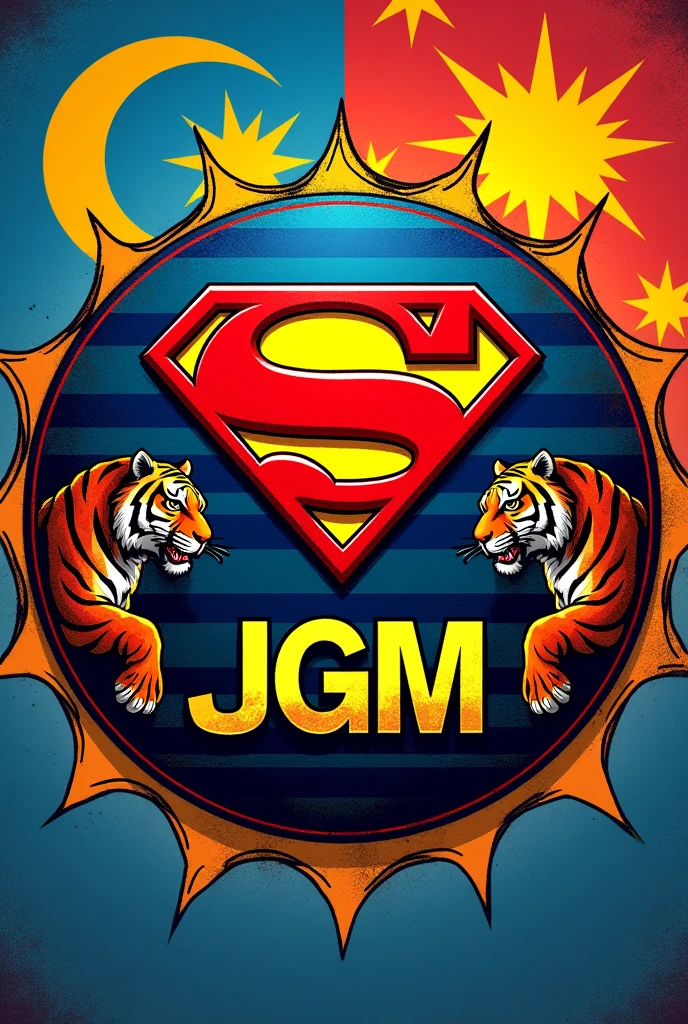 logo shape circle , malaysia flag MOTIF tigers stripes COLLAB WITH SUPER MAN LOGO  ,and at the middle put text "JGM" .PLEASE CREATE IN COMIC VERSION