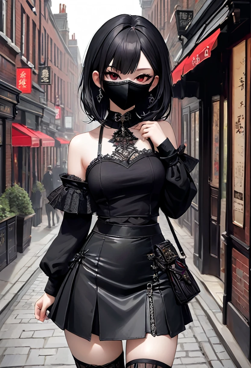 Gothic Punk、The inside color is red、Black-haired、hair ornaments、Beautiful girl、creative、Dark Fantasy Style、Goth Fashion 1:2,Tight mini skirt、Fine skin、Realistic textured hair、((Black Mask)),Whole Body Ezbian,19th century London streetscape, Complex clothing,