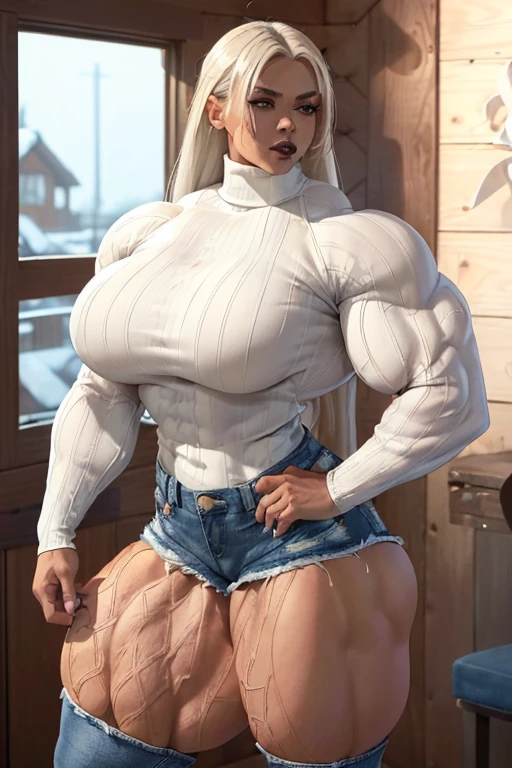 (((((Massive beautiful, buff, light brown skinned muscular woman white hair, black lipstick, ginormous bulky muscles, double flexing and wearing a white long sleeved turtleneck sweater and beautiful denim shorts))))), (close view), massive muscles, massive biceps, hyper muscle shoulders, vascular shoulders, hyper muscle triceps, (long straight hair), blue eyes, ((white long sleeved turtleneck sweater)), ((beautiful denim shorts)), (socks and sneakers), sensual smile, (in a cabin at night), hyper muscles arms, hyper muscle legs, massive arms