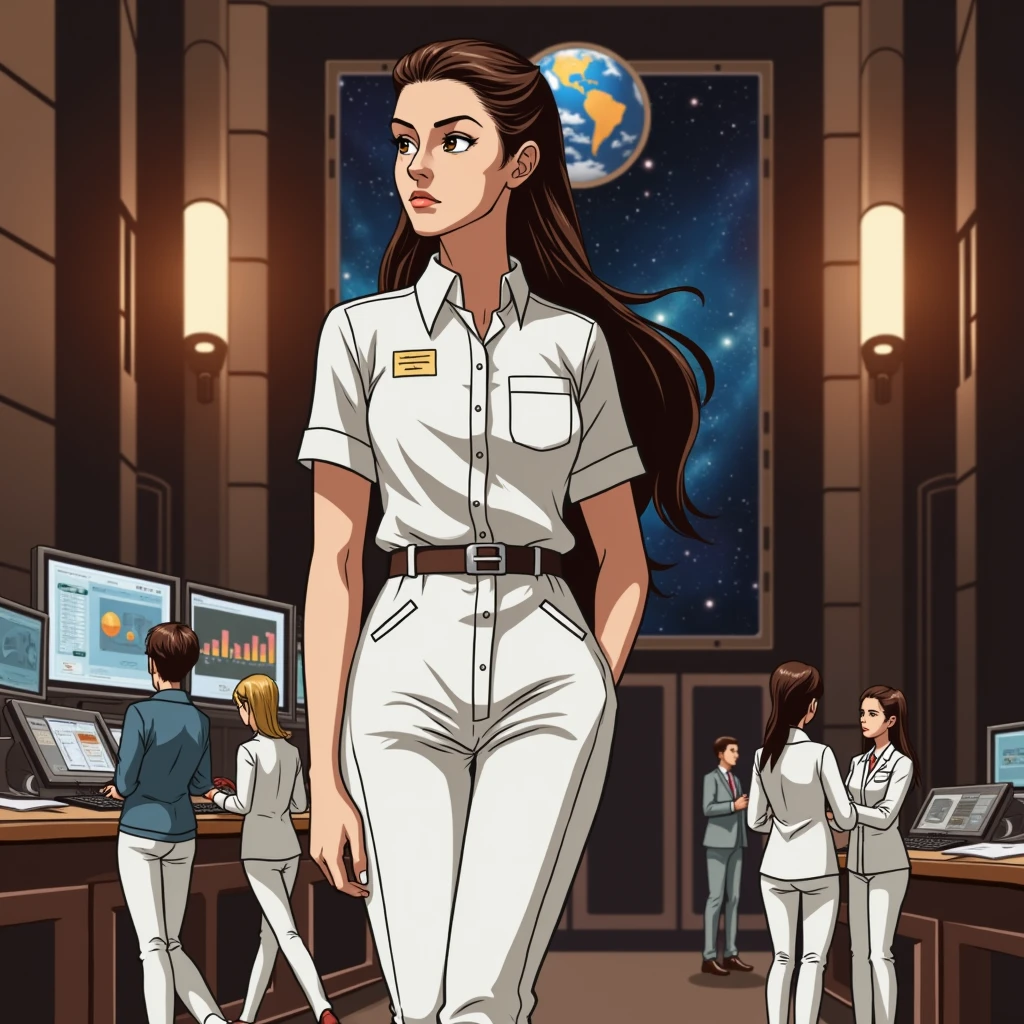 A serious-looking young woman with long black hair, wearing a technician's uniform, standing in a large scientific observatory with many large screens and staff working around her