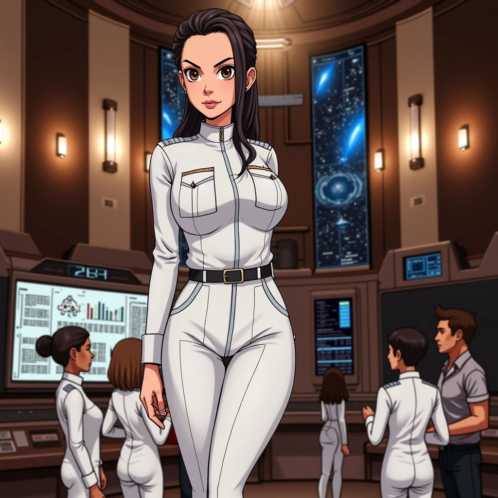 A serious-looking young woman with long black hair, wearing a technician's uniform, standing in a large scientific observatory with many large screens and staff working around her