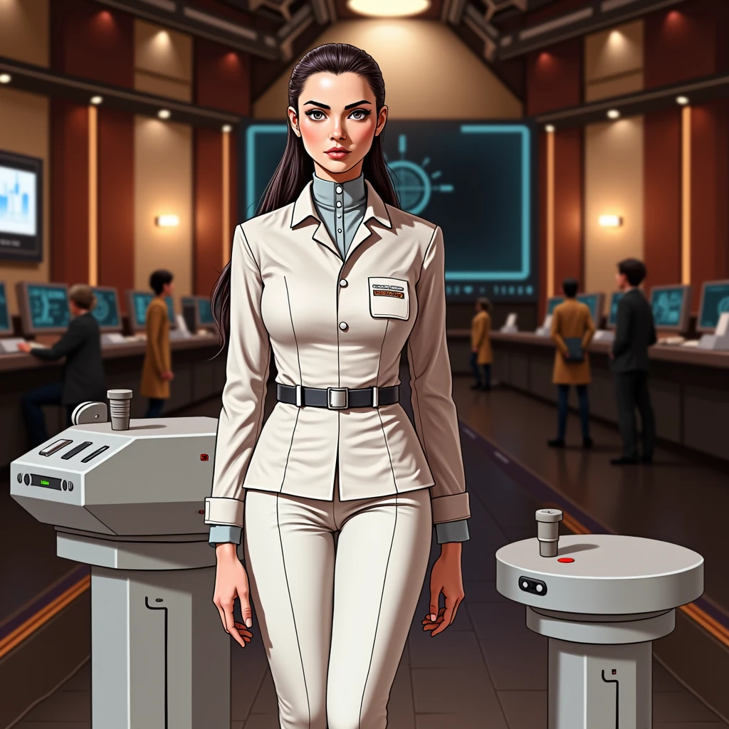 A serious-looking young woman with long black hair, wearing a technician's uniform, standing in a large scientific observatory with many large screens and staff working around her