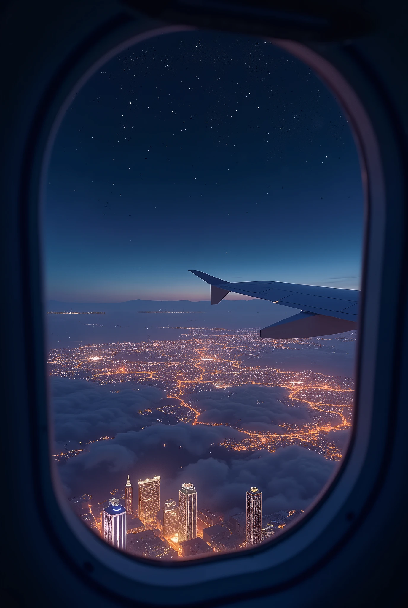 an airplane window showing night sky with buildings shining and glimmering