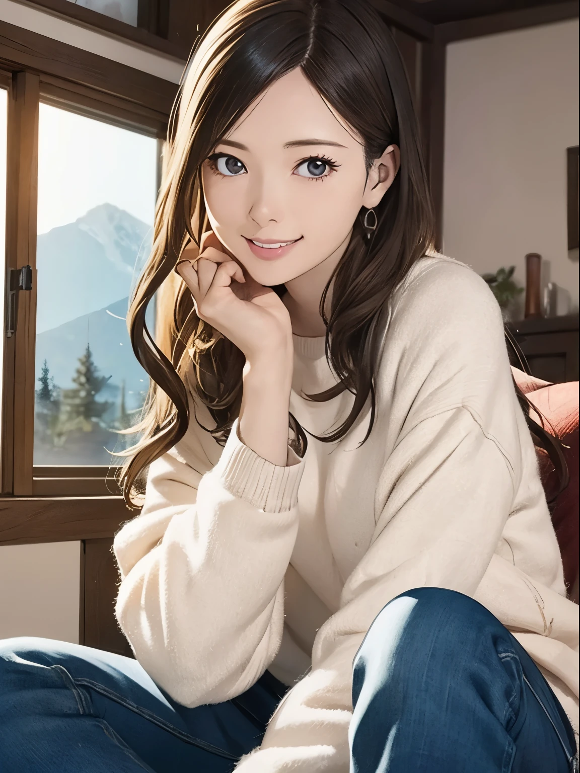 High resolution, 8k, Highest quality, detailed, Semi-realistic anime, Anime 3D Style, Smooth anime CG, One Girl, A 20-year-old Japanese woman, slim, Modeled, Shiny brown hair, detailedな顔, Beautiful and detailed, Glowing Skin, Hard Focus、Film Grain, Soft lighting, Looking at the audience, Laughter, (Woman wearing fleece and jeans), In front of the fireplace in the mountain hut、A warm living room surrounded by wooden furniture