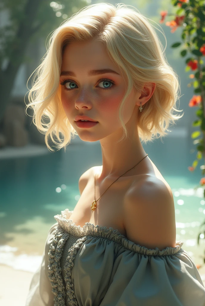 blond,short hair,woman,Childlike,Grandmaster,Blue Eyes,Good figure,20 years old,lure