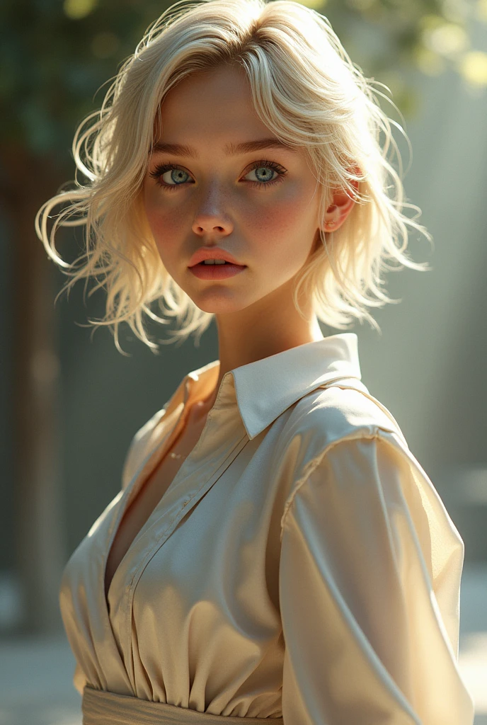 blond，short hair，woman，Childlike，Grandmaster，Blue Eyes，Good figure，20 years old，lure