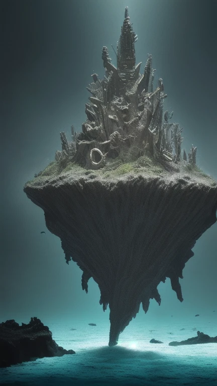 In the middle of the ocean, a huge undiscovered underwater ruin, a prehistoric castle, has been discovered. Majestic fish, large jellyfish and seahorses swim around. Nearby there are corals and sea plants. Science fantasy,Dramatic lighting, dramatic fantasy scene, Dark gloomy atmosphere, Detailed textures, Highly detailed, 8K, Cinematic, Award-winning artwork, Digital painting, Conceptual art, Photorealistic, Resolution 16K,Nikon Z9, digital photography, ultra textured leather, Realistic photography, Cinematic effect, soft light, soft shadows, high quality volumetric lighting