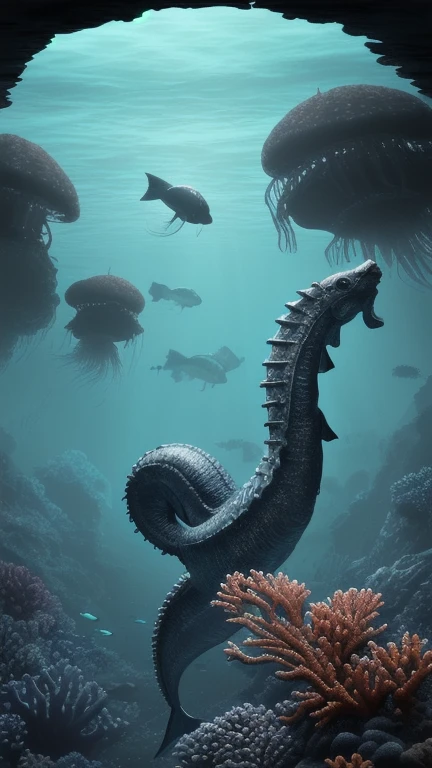 In the middle of the ocean, a huge undiscovered underwater ruin, a prehistoric castle, has been discovered. Majestic fish, large jellyfish and seahorses swim around. Nearby there are corals and sea plants. Science fantasy,Dramatic lighting, dramatic fantasy scene, Dark gloomy atmosphere, Detailed textures, Highly detailed, 8K, Cinematic, Award-winning artwork, Digital painting, Conceptual art, Photorealistic, Resolution 16K,Nikon Z9, digital photography, ultra textured leather, Realistic photography, Cinematic effect, soft light, soft shadows, high quality volumetric lighting
