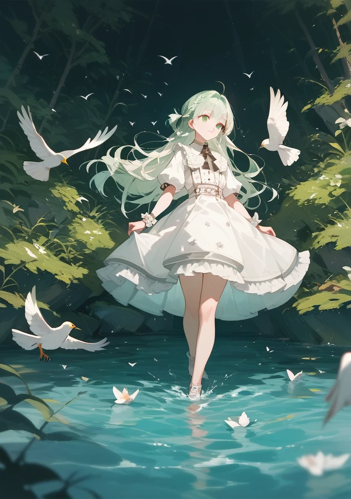 White light green hair,White clothes,People standing on the water,Bird's-eye view,Realistic skin,Perfect anatomical structure, Light blue eyes,Original hairstyle, Dynamic Angle,Bare belly,Large Breasts, Big Ass, Thin waist, Long hair,Good lighting,