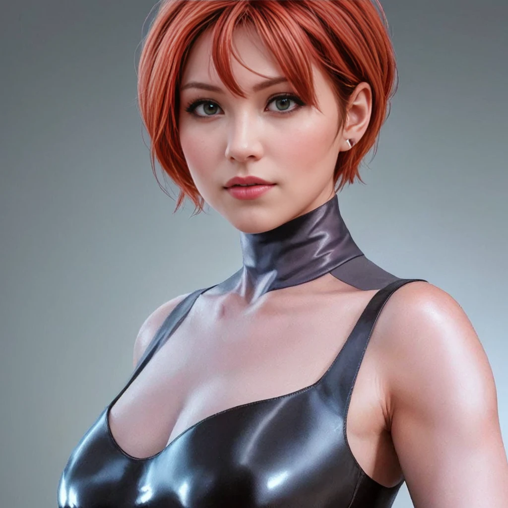 "regina", "DINO CRISIS GAME" quality, Atlas, high resolution (4K, 8k), detailed portrayal, beautiful and detailed face, 精致的面容, medium brown eyes, perfectbody, soft lighting, vivid colors, angry expression, red hair