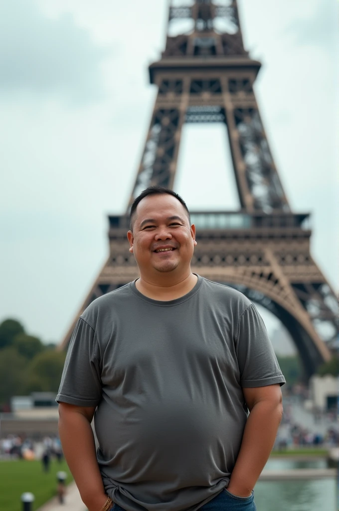 real picture, a man from Indonesia (a little fat), buzz cut hair with casual clothes and shoes, slightly smiling, Eiffel tower background