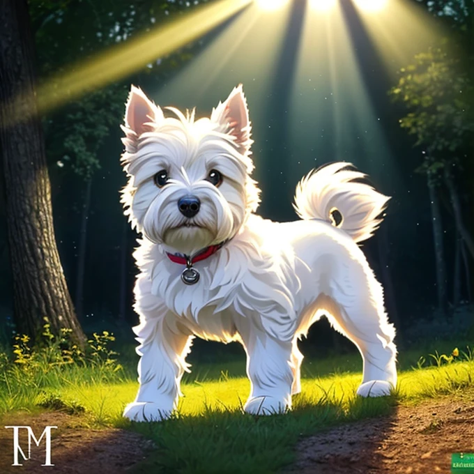 (Highest quality: 1.2), (masterpiece: 1.2), (Realist: 1.2),  Close to the photo, Very cute West Highland White Terrier puppy jumping in the woods, Soft Volume Light, (Looking at the audience: 1.3), (Backlight:1.3), (Movie:1.2), Intricate details, masterpiece