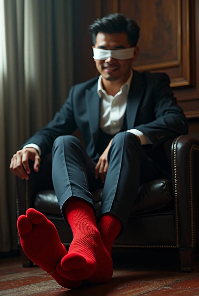 There is a handsome businessman from Malaysia named Haqiem tangan,legs with red socks tied to a chair and eyes covered with a cloth The kidnapper tickled Haqiem's soles with the feather of a chicken and Haqiem laughed in amusement as his soles were tickled