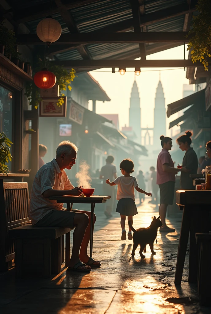 (Photorealism 1.2) high detailed definition cinematic cinematography  old Chinese man wearing white floral  shirt short trousers at old rusty wood coffee shop sitting drinking coffee bowl of noodles at table  young women shop attendant servings customer kids running cat begging food wet floor  morning mode sunlight silhouette at Malay old town Chinese noodle store car passing by Petronas twin tower background 